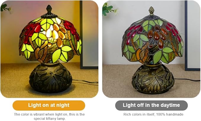 Small Tiffany Table Lamp Stained Glass Nightstand Lamps Bedside Purple Grape - Image 4