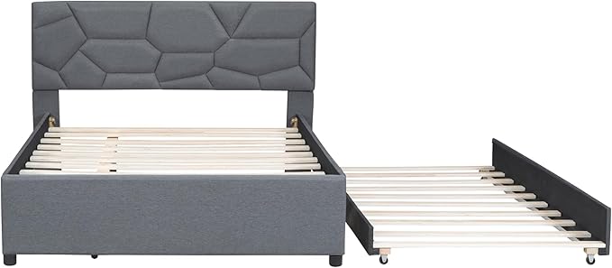 Full Size Bed Frame with Twin Size Trundle, Linen Upholstered Platform Bed - Image 6