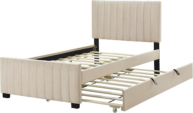 Twin Size Bed Frame with Trundle Bed, Velvet Upholstered Bed Frame, Twin Size - Image 4