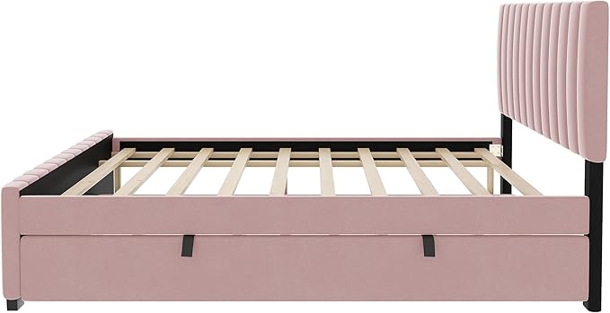 Full Bed Frame with Trundle Bed, Velvet Upholstered Platform Bed Frame - Image 8