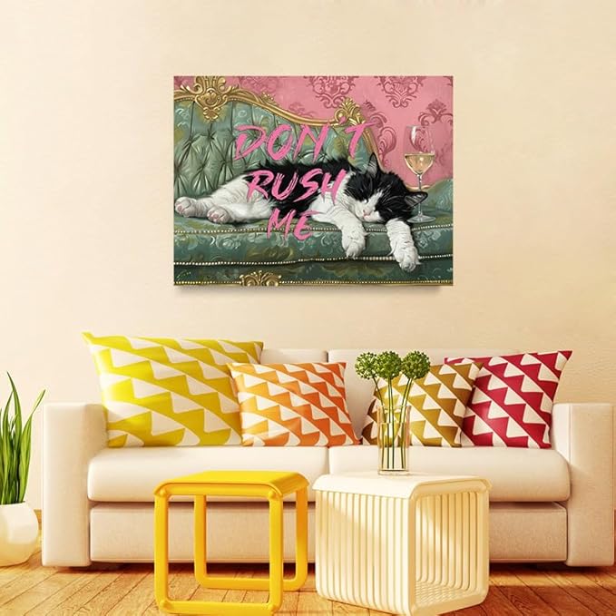 Pveror Funny Cat Wall Art Canvas Dont Rush Me Sleeping Black White Cat Painting - Image 2