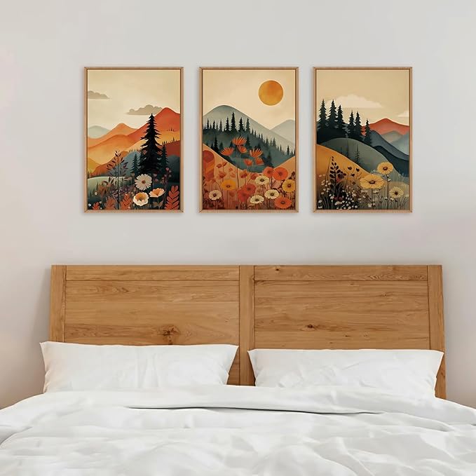 LHIUEM Large Boho Mountain Sunset Framed Canvas Wall Art Set, Pine Tree Flowers - Image 6