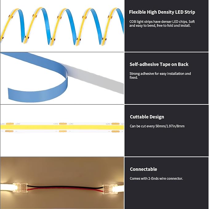 BUNACET COB LED Strip Light 40ft/12m Cool White 6500K High Lumen CRI 90+ - Image 6