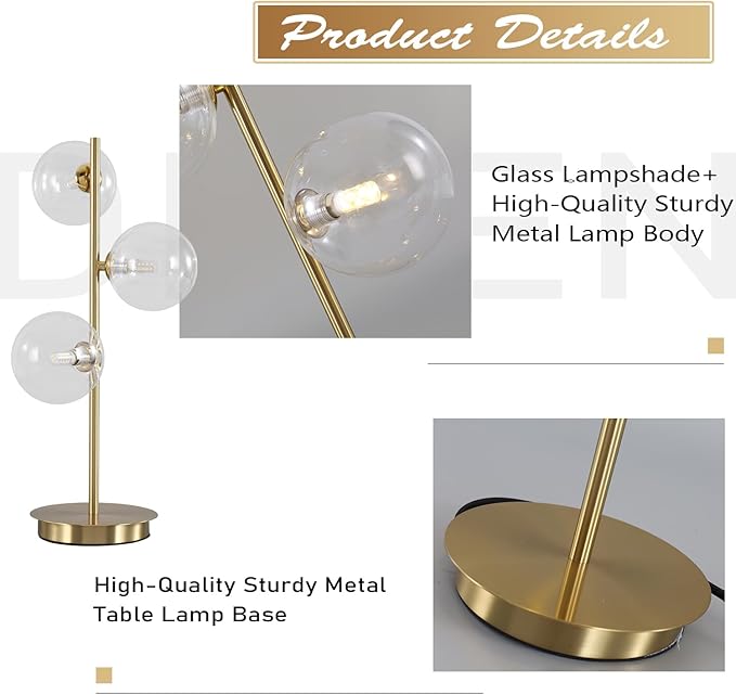 Glass Table lamp Gold, 3-Globe Table lamp Tall, Reading Lamp - Image 3