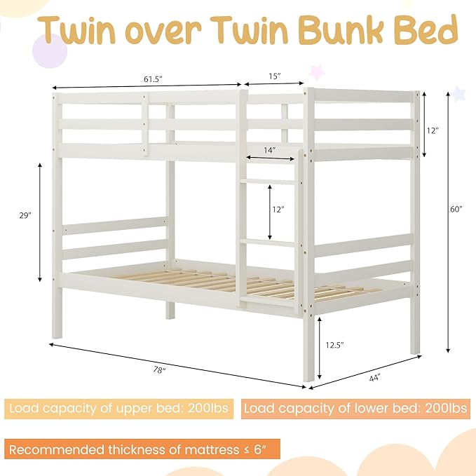 Giantex Bunk Bed Twin Over Twin White, Solid Wood Bunk Bed - Image 2