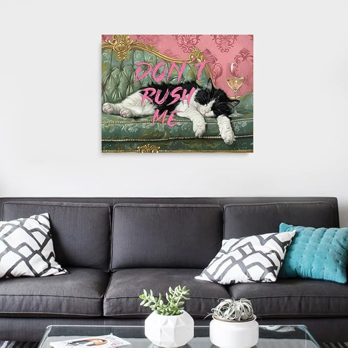 Pveror Funny Cat Wall Art Canvas Dont Rush Me Sleeping Black White Cat Painting - Image 6