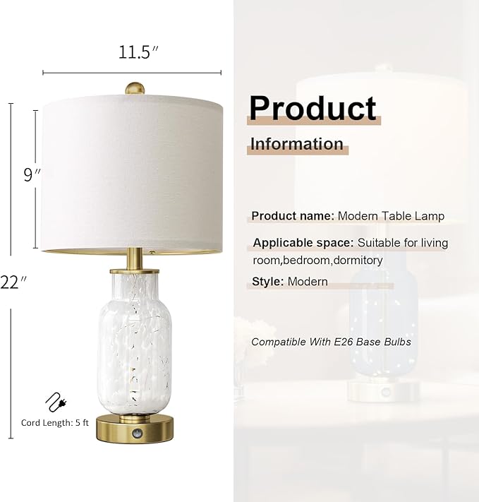 Oneach 22" Glass Table Lamps Set of 2, Nightstand Lamp - Image 4