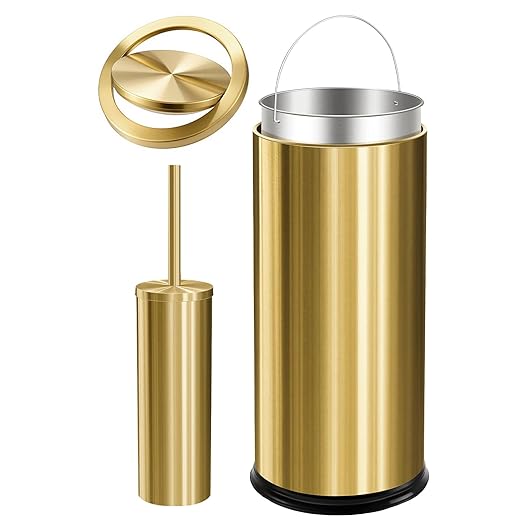 Maxdot 2 Pcs 8 Gallon/30 L Gold Lidded Trash Can and Toilet Brush Set, Garbage by Maxdot