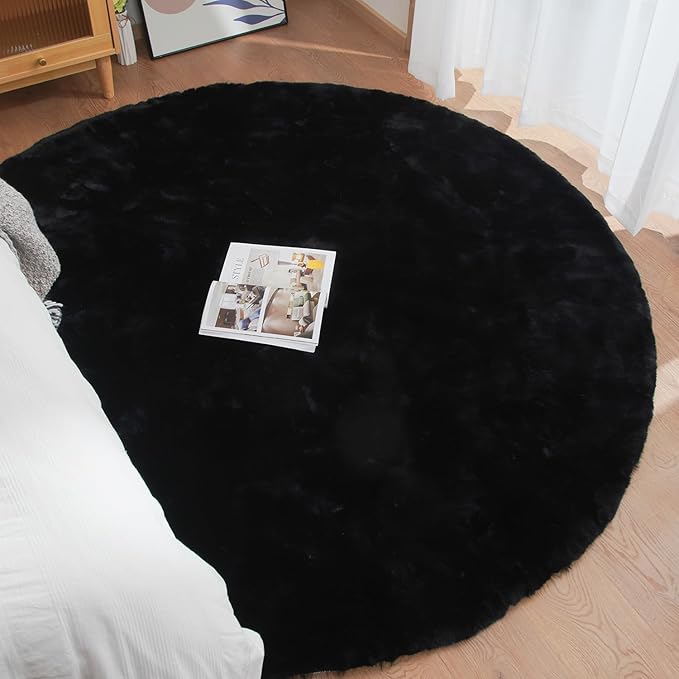 Black Round Rugs 8ft Machine Washable Rabbit Fur Area Rug Large Circle Rugs - Image 4