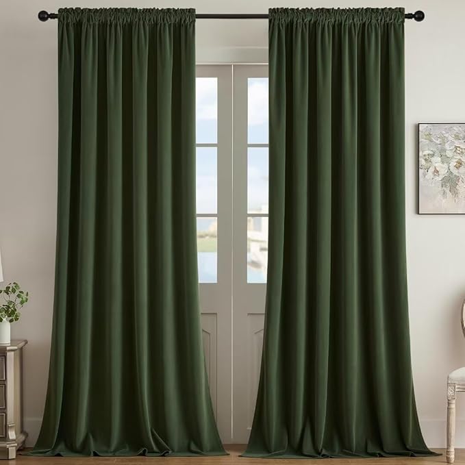 Joydeco Dark Olive Velvet Curtains 108 inch Length 2 Panels, Luxury Blackout by JOYDECO