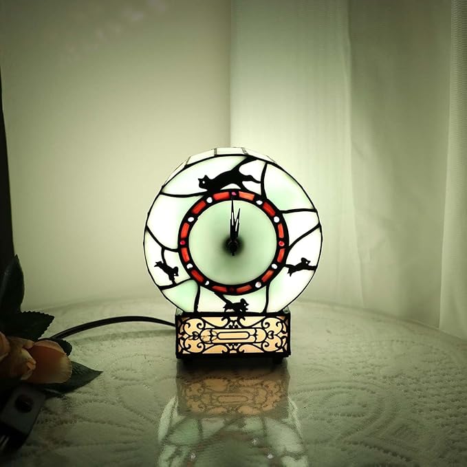 Bieye L10970 Cat and Mouse Tiffany Style Stained Glass Desk Clock Table Lamp - Image 2