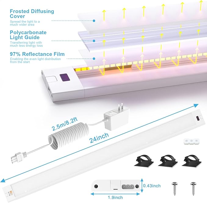 WOBANE Under Cabinet Lighting, 24 inch Plug in LED Counter Light Bar, Hand Wave - Image 7