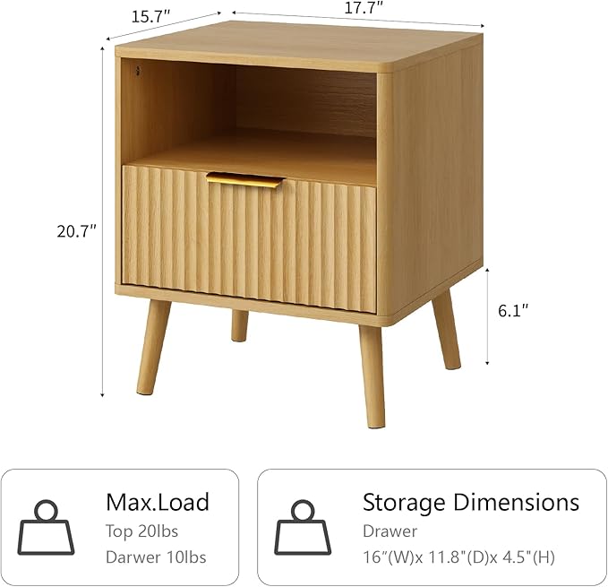 CARPETNAL Fluted Nightstand, Oak Bedside Table - Image 2