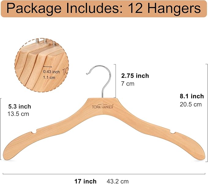 TOPIA HANGER Wooden Coat Hangers 12 Pack, Premium Wood Top Suit Hangers - Image 3