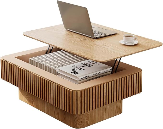 Lift Coffee Table with Storage & Adjustable Height, Solid Wood Coffee Table by FGXJY