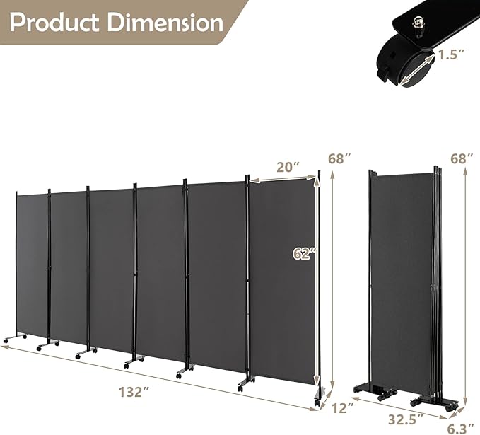 GOFLAME 6 Panel Folding Room Divider, 6FT Rolling Privacy Screen - Image 7