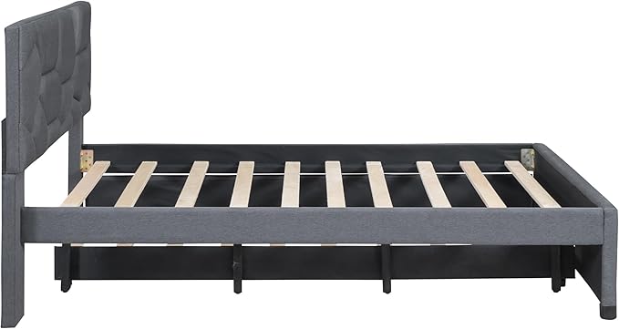 Full Size Bed Frame with Twin Size Trundle, Linen Upholstered Platform Bed - Image 8