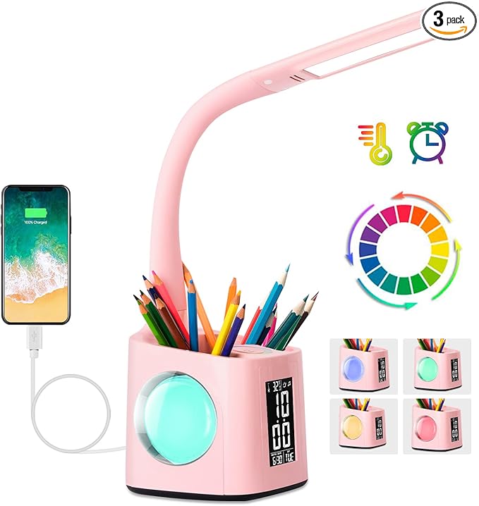 wanjiaone LED Desk Lamp with Clock, Color Changing Nightlight, Study Lamp with by Wanjiaone