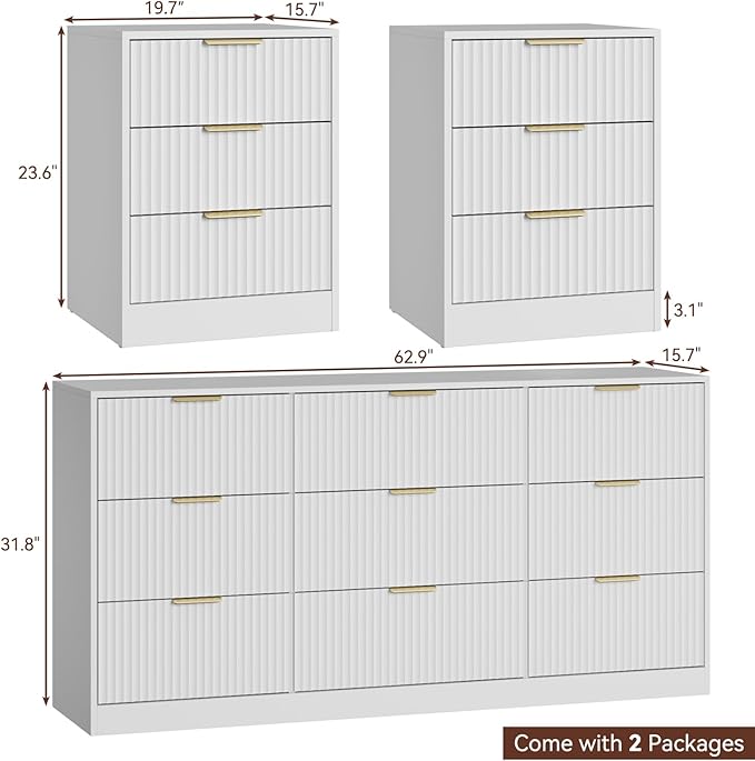 9 Drawer Fluted Dresser & Nightstand Set 3-Piece, 63” Long Dresser and Night - Image 3