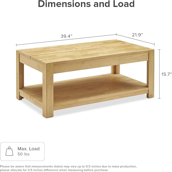 mopio Logan Solid Wood 2-Tier Rectangle Coffee Table, Modern Farmhouse Solid - Image 2