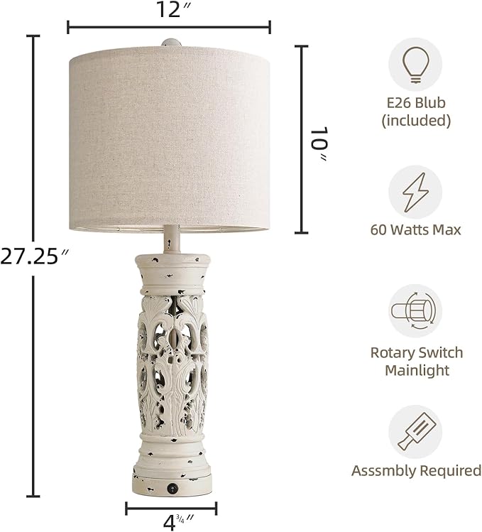 BOBOMOMO 27.25” Farmhouse Table Lamps Set of 2 – Antique White Bedside Lamps - Image 6