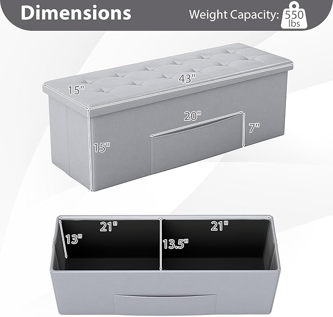 Giantex 43 Inches Folding Storage Ottoman Bench, Upholstered PU Leather Storage - Image 3