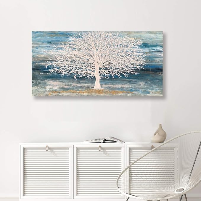 White Tree Canvas Wall Art Large Teal Blue Decor Textured Painting Print - Image 9