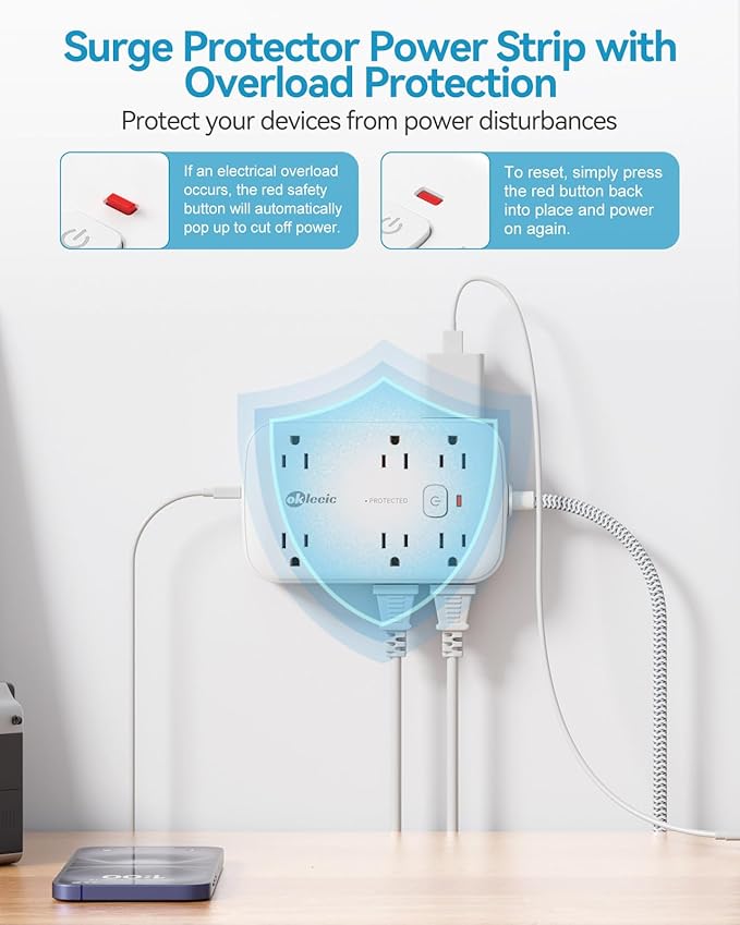 Flat Multi Plug Extender with 6 USB Wall Charger, 12 AC Outlets Wall Adapter - Image 4