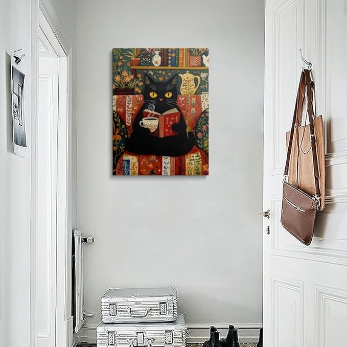 Pveror Reading Black Cat Canvas Wall Art Whimsical Animal Illustration Cozy - Image 4