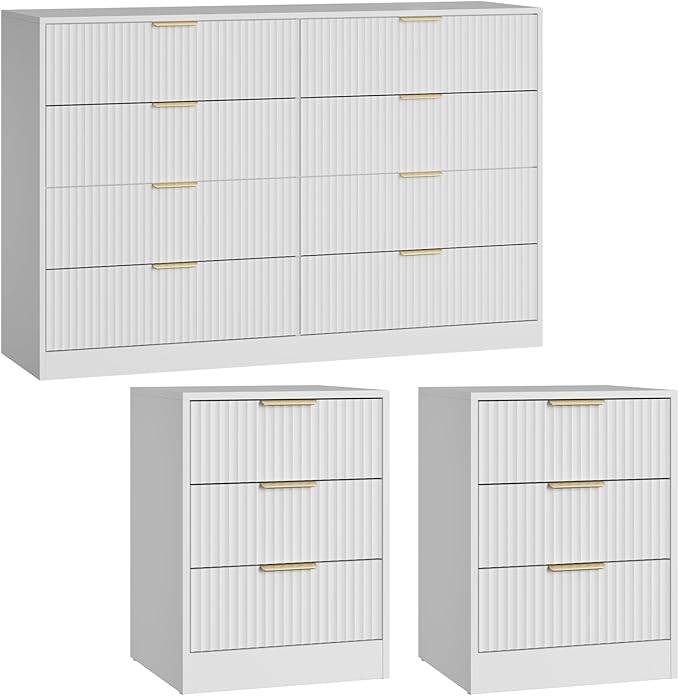 8 Drawer Dresser & Nightstand Set 3-Piece, 55” Wide Tall Fluted Dresser and - Image 8
