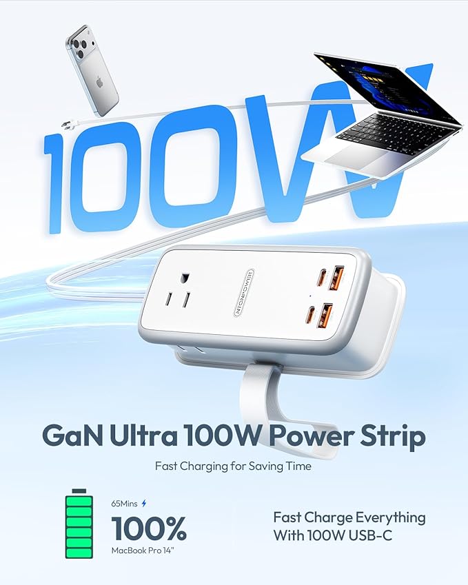NTONPOWER 100W GAN Ultra Travel Power Strip, 7-in-1 USB C Charging Station - Image 2
