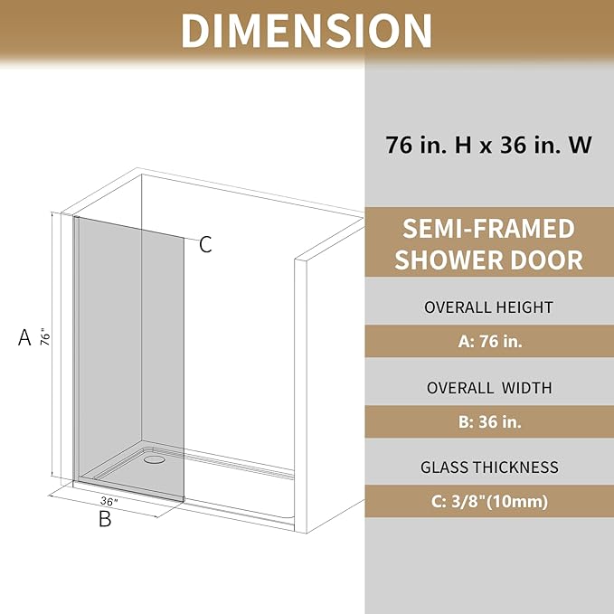 Shower Glass Panel 36" W * 76" H, Semi-Framed Glass Screen, Single Panel - Image 2
