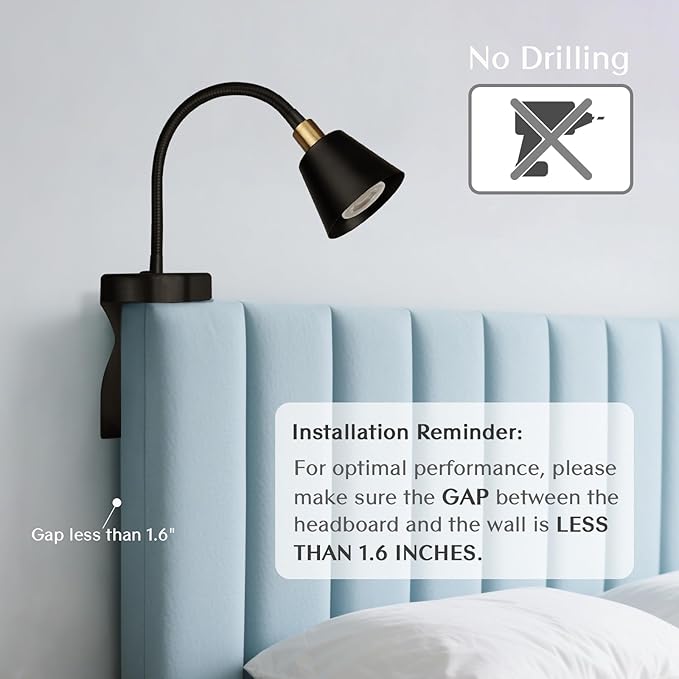 Solfres Patented Innovative Design Headboard Reading Light. No Drilling Golden - Image 3