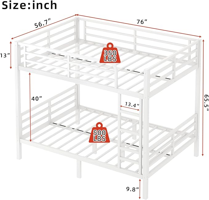Full Over Full Bunk Bed Frame, Heavy Duty Metal Loft Bed - Image 2