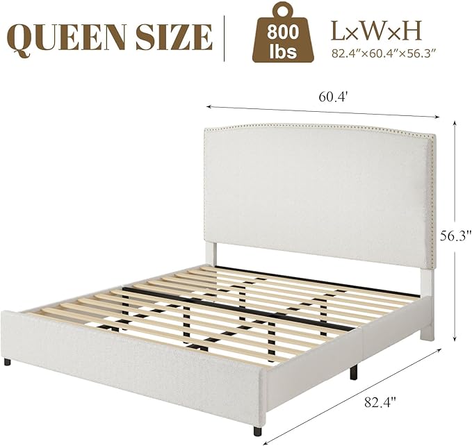 Queen Size Bed Frame with Headboard, Soft Boucle Fabric, No Box Spring Needed - Image 2