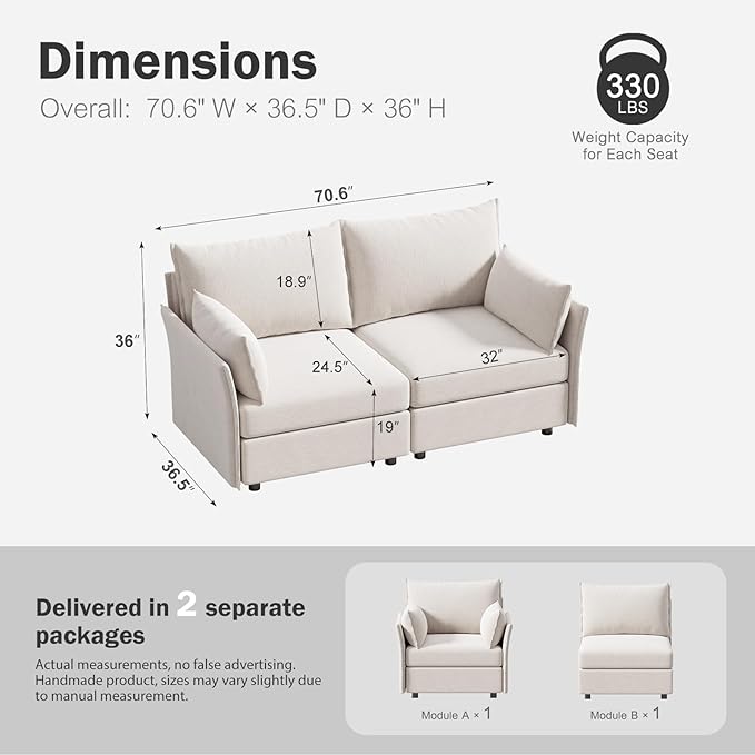 ABCASA Oversized Loveseat Sofa, Modern Modular Sectional Couch White Fluffy - Image 2