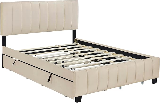 Queen Bed Frame with Trundle Bed, Velvet Upholstered Platform Bed Frame with - Image 6