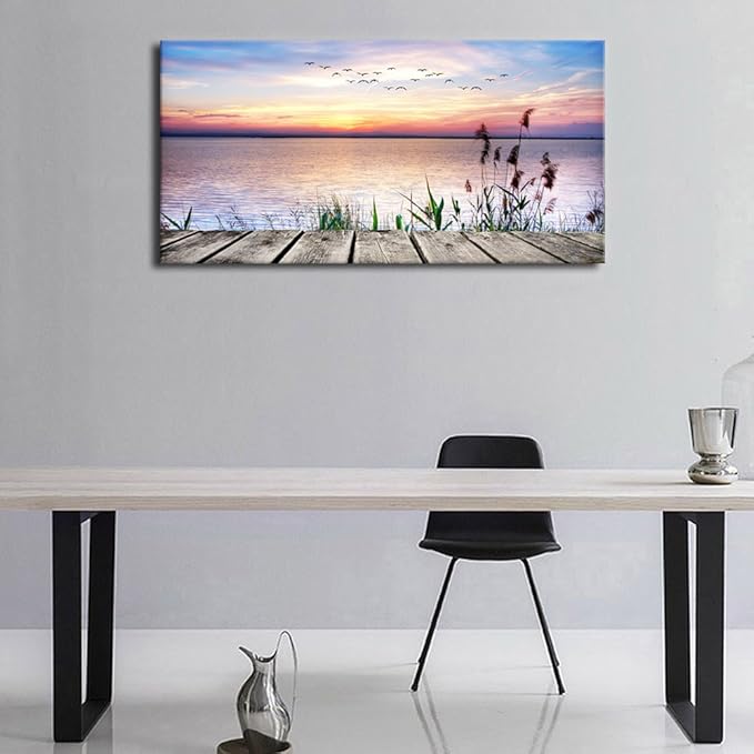Canvas Wall Art Lake Dock Sunset Scenery Flying Birds Picture Large Beach - Image 4