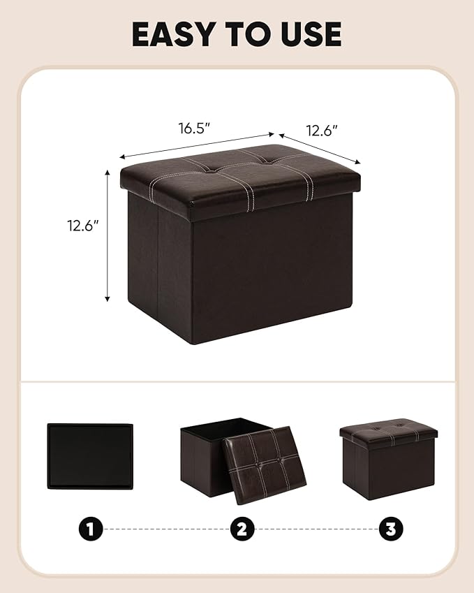B FSOBEIIALEO Folding Storage Ottoman Cube, Faux Leather Footrest Seat Coffee - Image 3