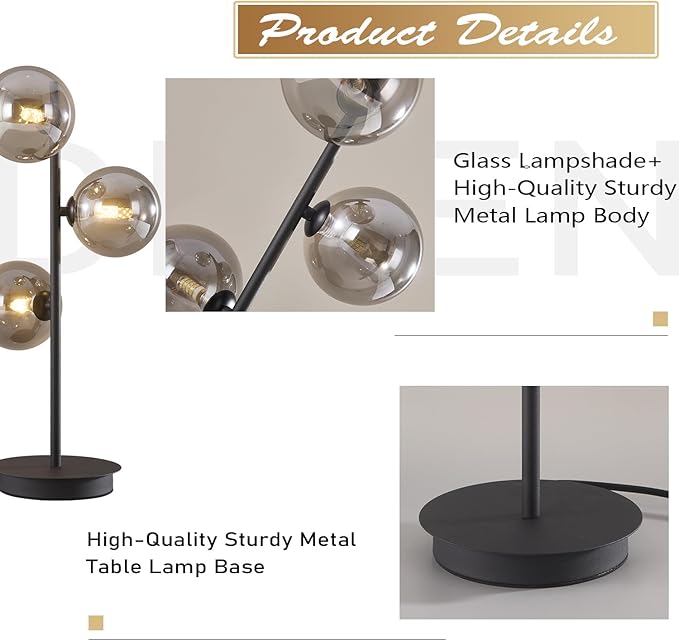 Mid Century Modern Table Lamp Smoky Grey Glass Globe Desk Lamp Industrial - Image 3