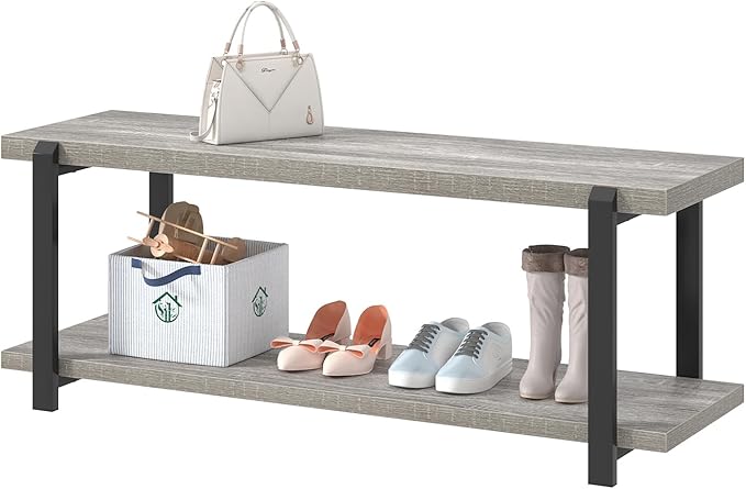 FOLUBAN Entryway Bench, Vintage Wood and Metal Shoe Bench - Image 9