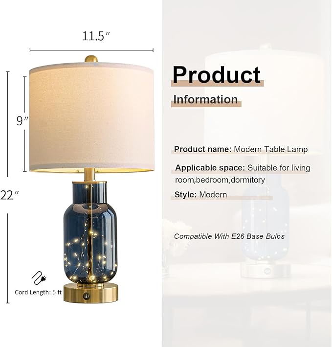 Oneach 22" Glass Table Lamps Set of 2, Nightstand Lamp - Image 3