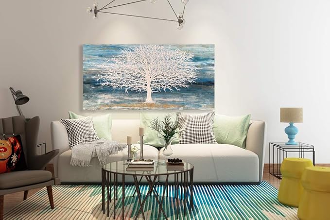 White Tree Canvas Wall Art Large Teal Blue Decor Textured Painting Print - Image 7