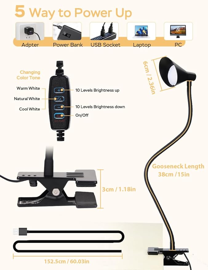 Clip on Light USB Reading Light 3 Color Modes 10 Brightness Levels Eye Care - Image 5