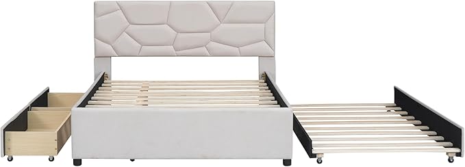 Full Size Bed Frame with Twin Size Trundle and 2 Storage Drawers, Linen - Image 5