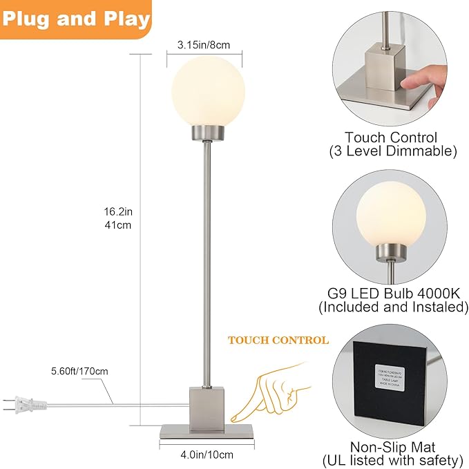 Small Lamps for Nightstand, 3-Way Control Bedside Desk Lighting, Satin Nickel - Image 3