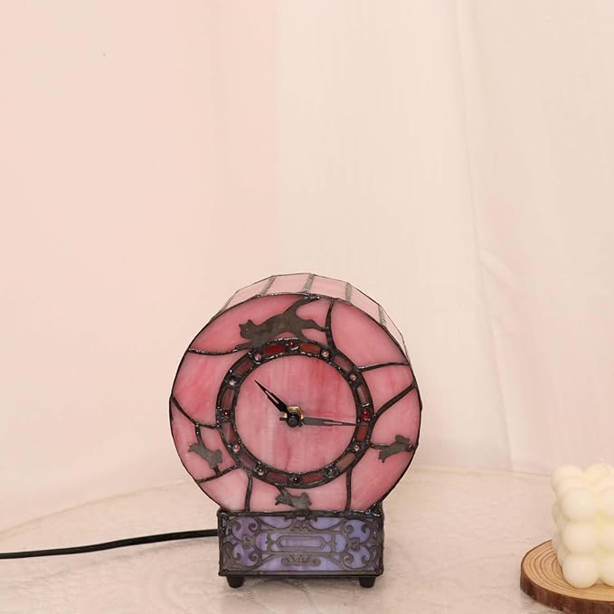 Bieye L10911 Cat and Mouse Tiffany Style Stained Glass Desk Clock Table Lamp - Image 5