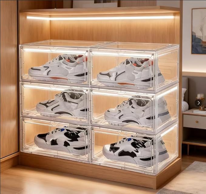 Transparent Plastic Stackable Shoe Storage Box, 6 Pack Side Opening Shoe Box - Image 3