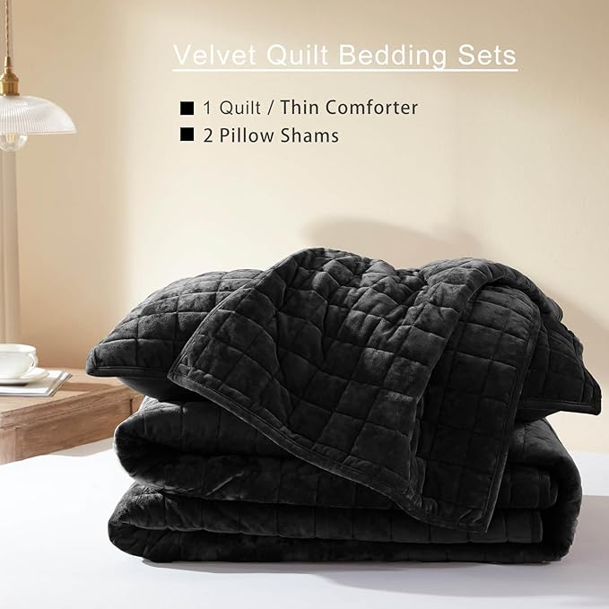 LEAONME Velvet Quilt Full/Queen Size-90''x98'', Lightweight Black Velvet - Image 5
