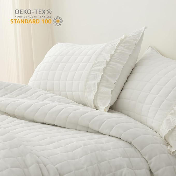 HORIMOTE HOME Ivory Ruffled Quilt Set Twin Size, Classic Geometric Square - Image 4